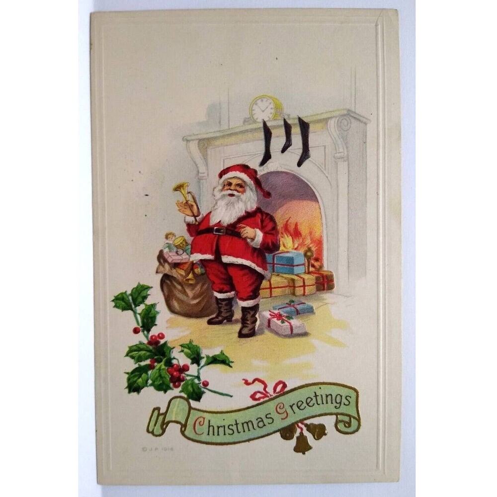 Santa Claus Postcard Christmas Saint Nick Toys Stocking Fireplace Series JP 1916